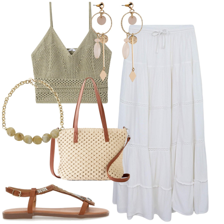 Outfit donna - Al mare. Stile Boho per Mare. Abbinamento con orecchini, borse a mano, gonne lunghe, top, collane, sandali gioiello.