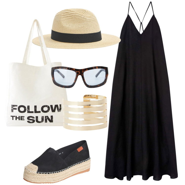 Outfit donna - Abito scivolato. Stile Casual chic per Tutti i giorni. Abbinamento con shopping bag, vestiti lunghi, cappelli, espadrillas, occhiali da sole, braccialetti.