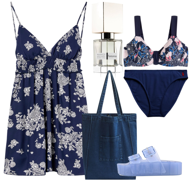 Outfit donna - Mare. Stile Bon Ton per Mare. Abbinamento con bikini, profumi, vestiti corti, shopping bag, bikini, sandali.