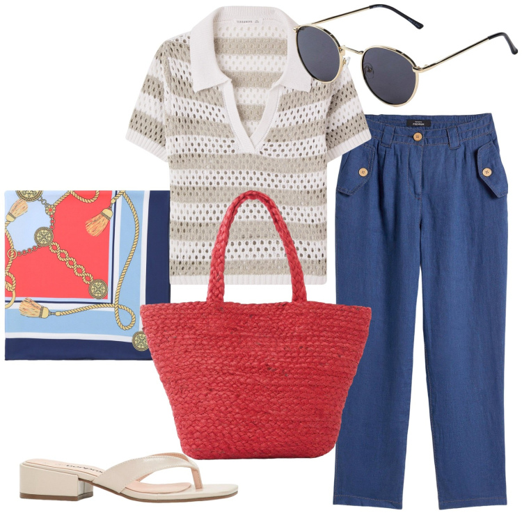 Outfit donna - Riviera style. Stile Bon Ton per Tutti i giorni. Abbinamento con occhiali da sole, infradito, pantaloni chino, shopping bag, t-shirt, foulard.
