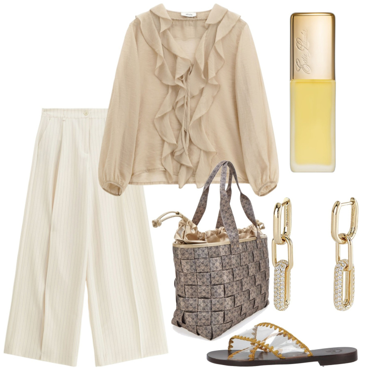 Outfit donna - Rouches a giugno. Stile Bon Ton per Tutti i giorni. Abbinamento con sandali in pelle, profumi, orecchini, pantaloni a palazzo, camicie, borse a spalla.