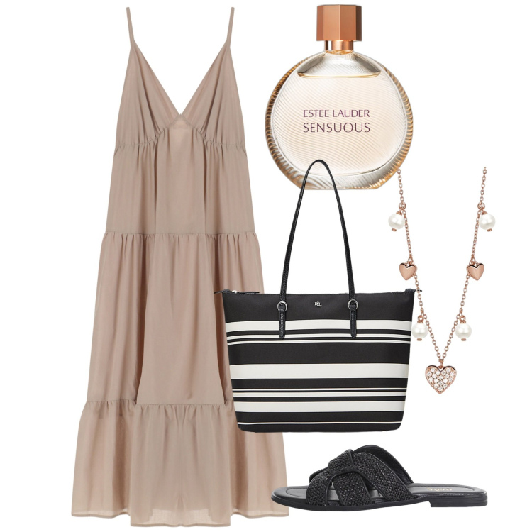 Outfit donna - Giugno. Stile Romantica per Tutti i giorni. Abbinamento con profumi, collane, vestiti lunghi, sandali, borse tote.