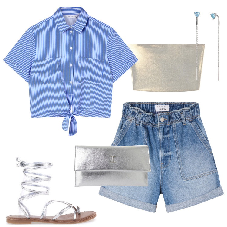 Outfit donna - Serata al mare. Stile Casual per Serata fuori. Abbinamento con shorts, camicie a manica corta, top, orecchini, pochette, sandali alla schiava.