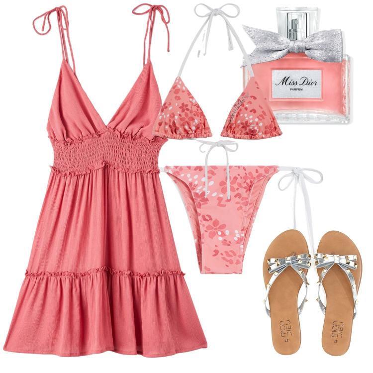 Outfit donna - Pesca. Stile Glamour per Mare. Abbinamento con profumi, vestiti corti, bikini, bikini, infradito.