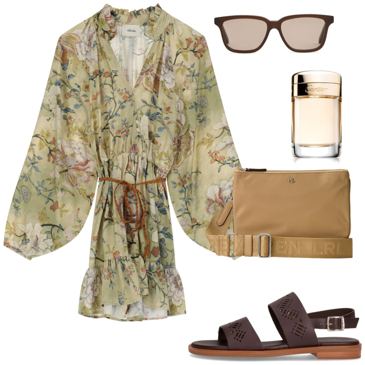 Outfit donna - Stampe orientali. Stile Chic per Tutti i giorni. Abbinamento con profumi, vestiti corti, borse a tracolla, occhiali da sole, sandali.