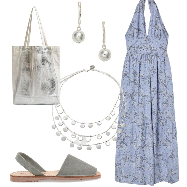 Outfit donna - Abito lungo. Stile Boho per Serata fuori. Abbinamento con vestiti, shopping bag, ciondoli, orecchini, sandali in pelle.