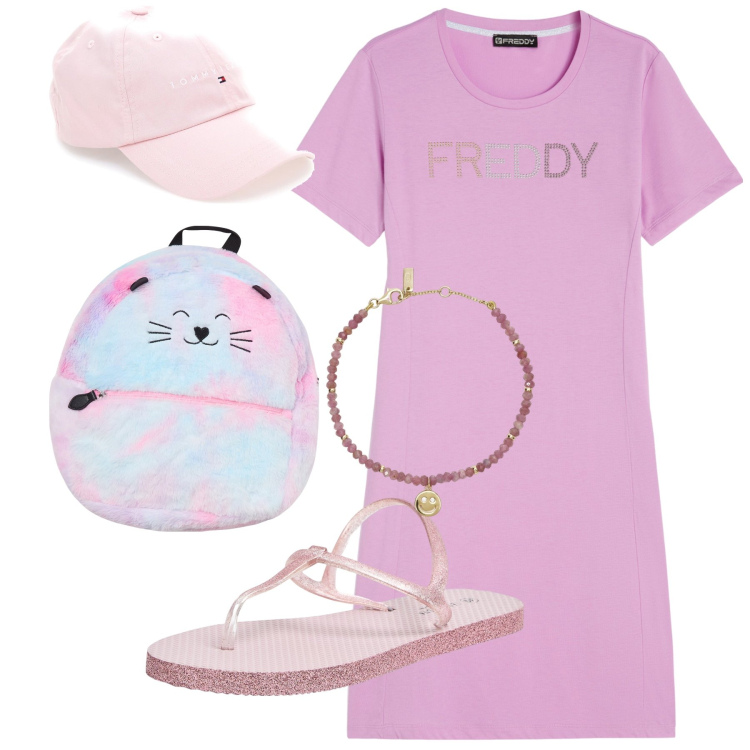 Outfit donna - Col micio ai giardini. Stile Basic per Tutti i giorni. Abbinamento con sandali, zaini, braccialetti, vestiti lunghi, cappelli.