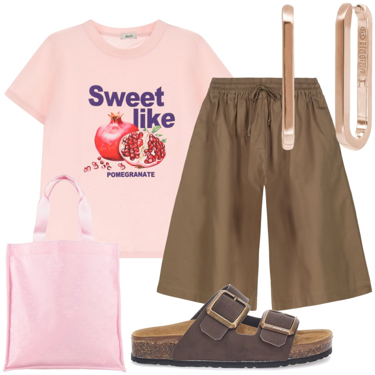 Outfit donna - Frutta a merenda. Stile Casual chic per Tutti i giorni. Abbinamento con borse a mano, orecchini, t-shirt, ciabatte, bermuda.