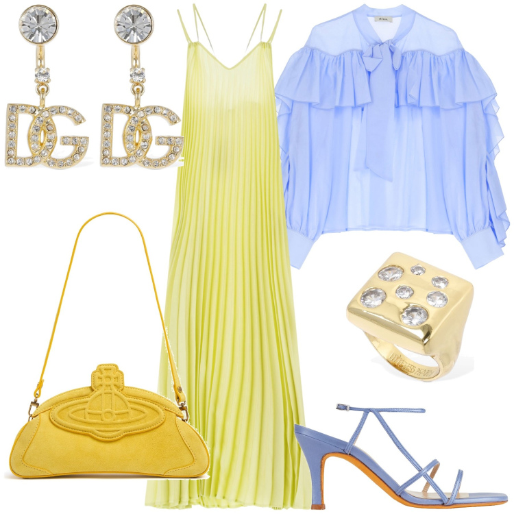 Outfit donna - La camicia come copri spalle. Stile Chic per Cerimonia. Abbinamento con sandali in pelle, vestiti lunghi, bluse, anelli, clutch, orecchini.