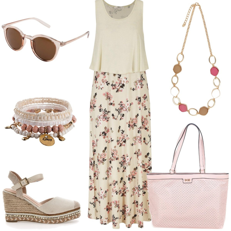 Outfit donna - In vacanza. Stile Romantica per Tutti i giorni. Abbinamento con vestiti lunghi, braccialetti, occhiali da sole, zeppe, collane, borse a spalla.