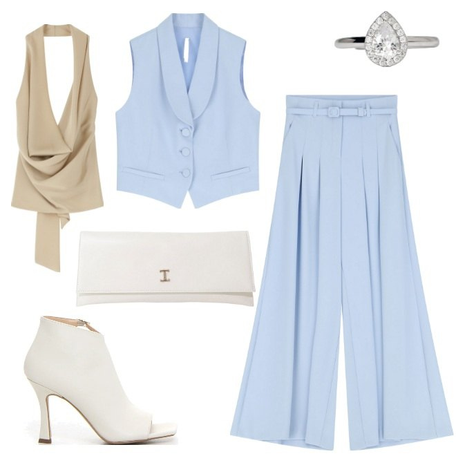 Outfit donna - Per una cena in terrazza. Stile Chic per Serata fuori. Abbinamento con anelli, pantaloni, top, gilet, pochette, sandali col tacco.