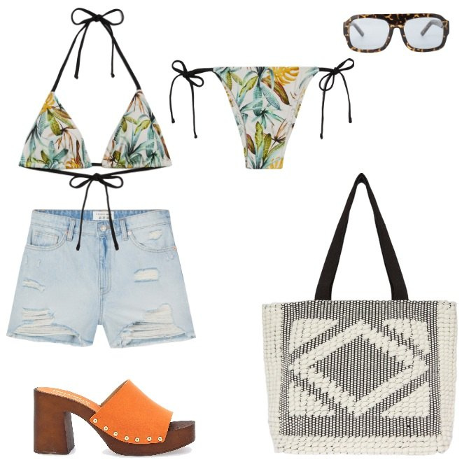 Outfit donna - Vado in spiaggia a Forte dei Marmi. Stile Casual chic per Mare. Abbinamento con shorts, occhiali da sole, bikini, bikini, shopping bag, zoccoli.