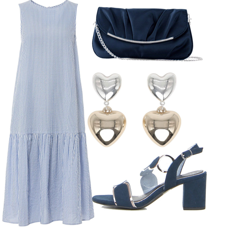 Outfit donna - Serata all\'aperto. Stile Basic per Serata fuori. Abbinamento con vestiti midi/longuette, pochette, orecchini, sandali col tacco.