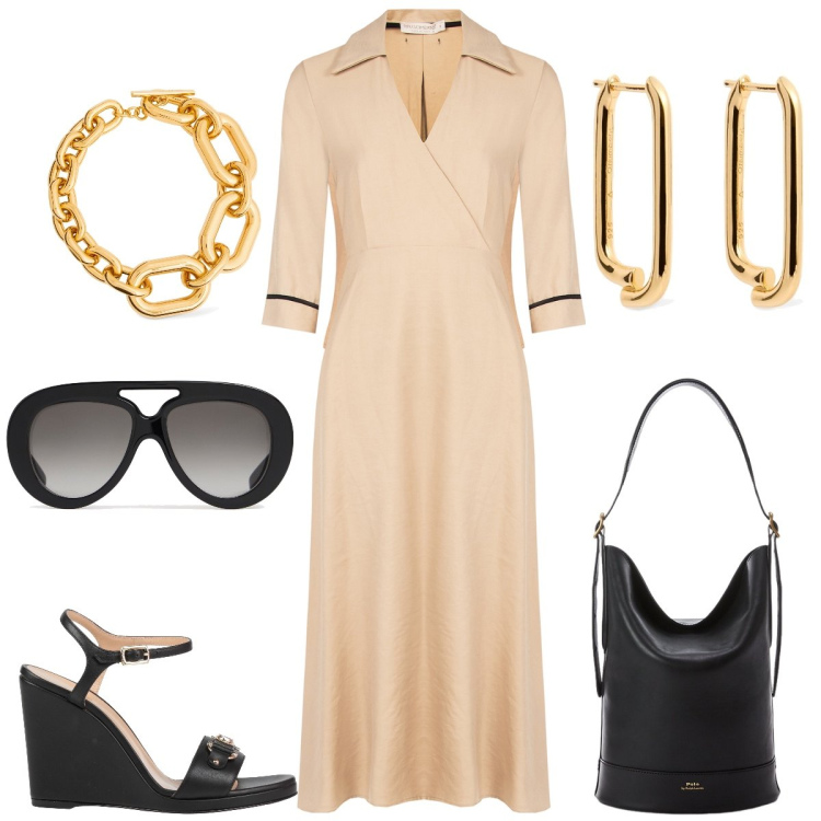 Outfit donna - In città. Stile Chic per Tutti i giorni. Abbinamento con sandali in pelle, vestiti, borse a secchiello, orecchini, occhiali da sole, collane.