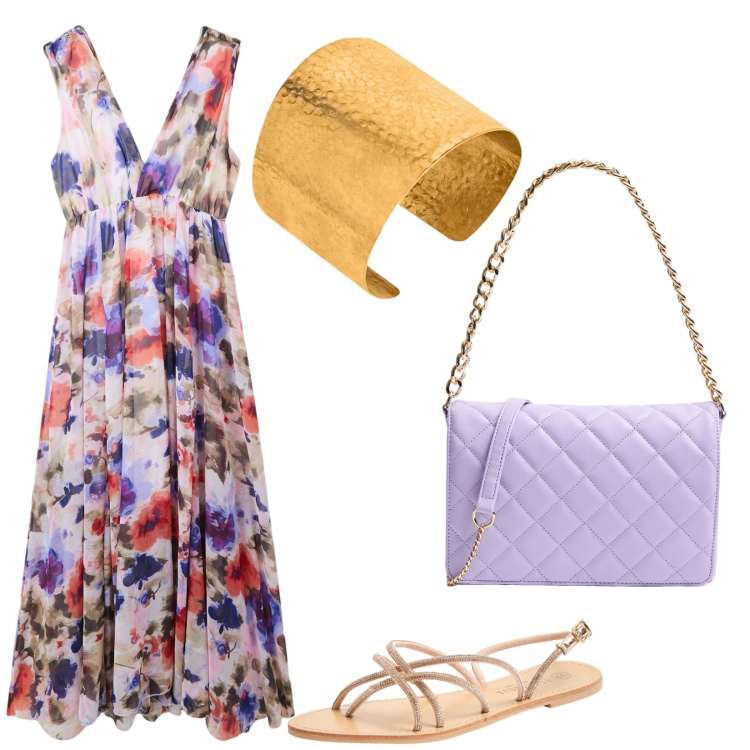 Outfit donna - Abito leggero a giugno. Stile Romantica per Serata fuori. Abbinamento con vestiti lunghi, sandali, borse a tracolla, braccialetti.