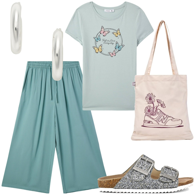 Outfit donna - Outfit che indosserei. Stile Basic per Tutti i giorni. Abbinamento con t-shirt, pantaloni a palazzo, shopping bag, orecchini, sandali.