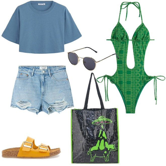 Outfit donna - Oggi mare, non studio!. Stile Casual per Mare. Abbinamento con occhiali da sole, shorts, t-shirt, costumi interi, ciabatte, shopping bag.