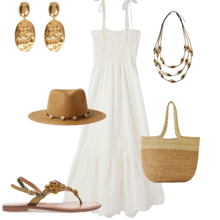 Outfit donna - Week end al mare. Stile Boho per Mare. Abbinamento con shopping bag, vestiti midi/longuette, cappelli, sandali gioiello, orecchini, collane.
