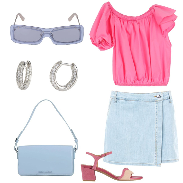 Outfit donna - In vacanza. Stile Basic per Tutti i giorni. Abbinamento con sandali in pelle, borse a mano, orecchini, minigonne, top, occhiali da sole.