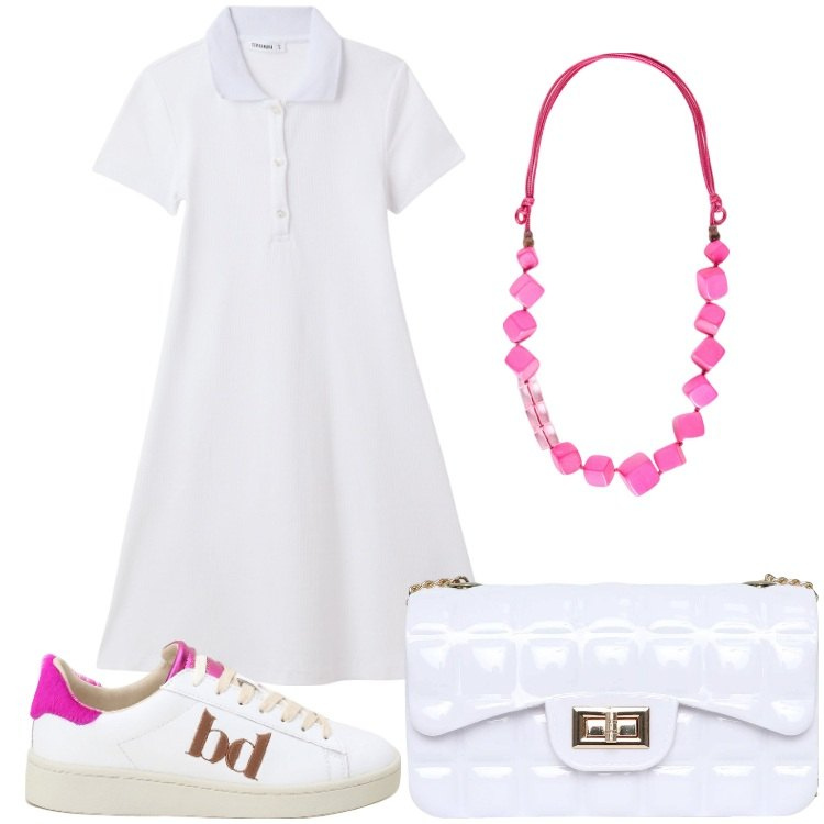 Outfit donna - Fucsiami. Stile Casual per Tutti i giorni. Abbinamento con borse a tracolla, vestiti corti, sneakers, collane.