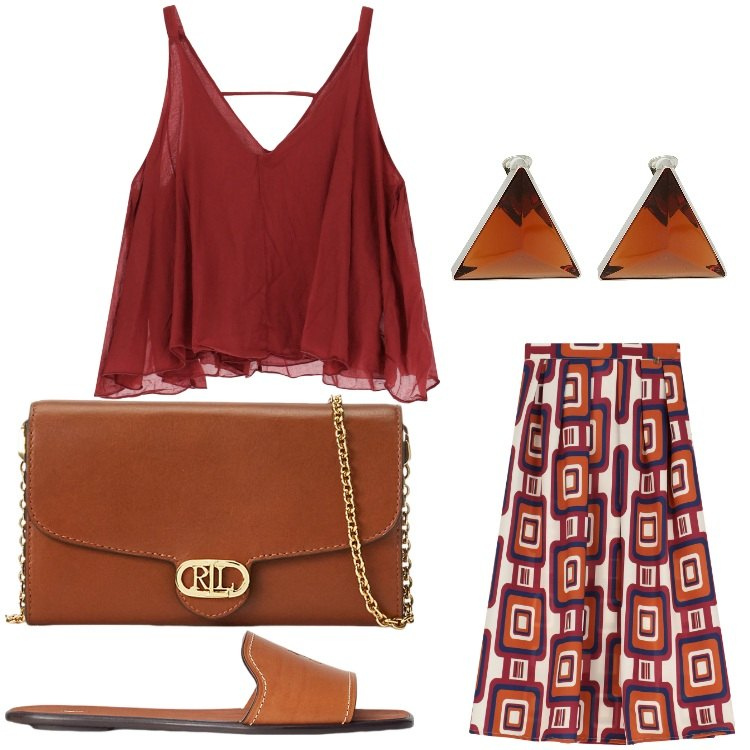 Outfit donna - Geometrie. Stile Casual chic per Tutti i giorni. Abbinamento con orecchini, top, gonne longuette, borse a tracolla, ciabatte.