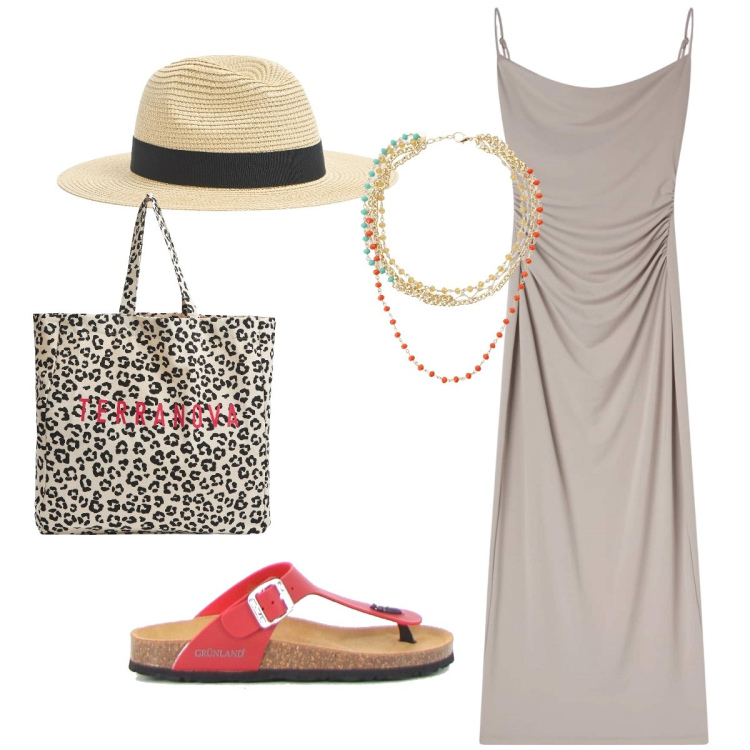 Outfit donna - L’abito tortora drappeggiato. Stile Casual chic per Tutti i giorni. Abbinamento con vestiti lunghi, cappelli, shopping bag, collane, infradito.