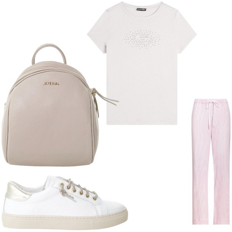 Outfit donna - Righe in rosa. Stile Casual per Tutti i giorni. Abbinamento con sneakers, zaini, t-shirt, pantaloni.