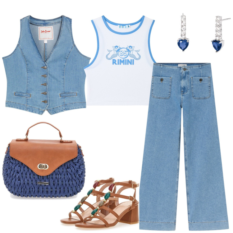 Outfit donna - Total look #2184713. Abbinamento con gilet, jeans, canottiere, orecchini, sandali col tacco, borse a tracolla.