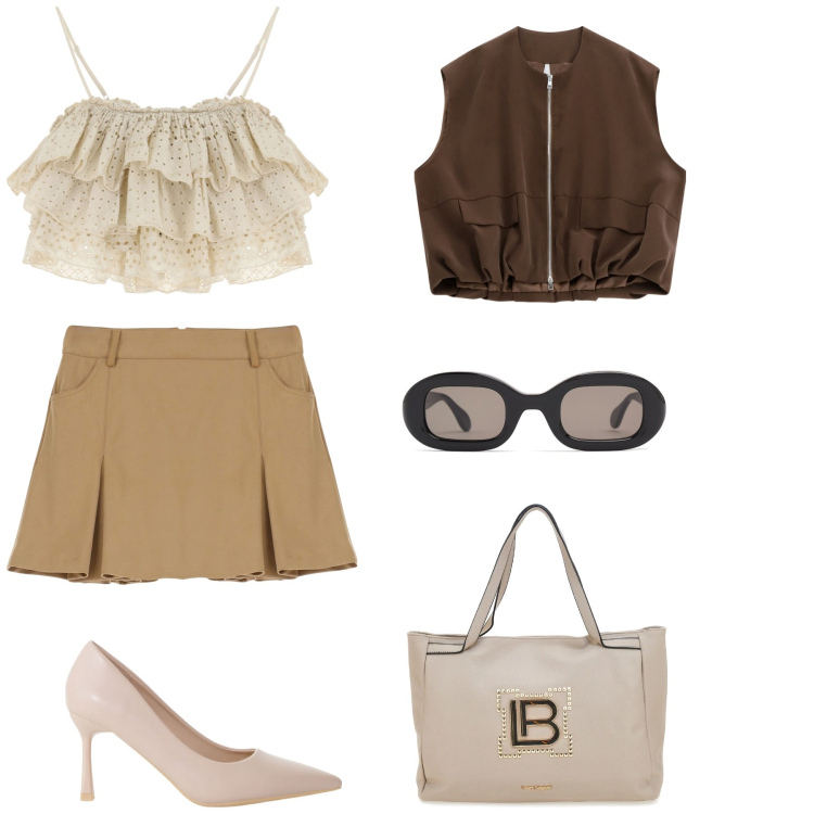 Outfit donna - Broun. Stile Chic per Serata fuori. Abbinamento con minigonne, décolleté, blazer, top, borse a spalla, occhiali da sole.