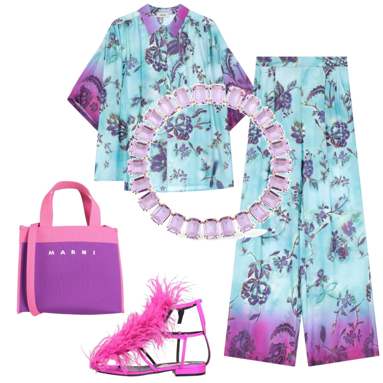Outfit donna - Total look #2184725. Abbinamento con sandali in pelle, borse a mano, pantaloni, camicie, collane.