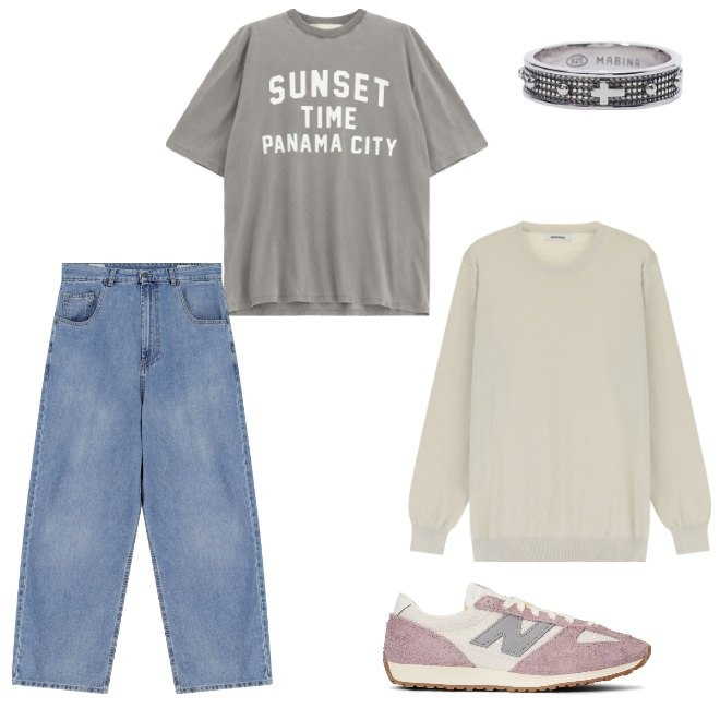 Outfit uomo - Venerdì casual. Stile Casual per Tutti i giorni. Abbinamento con anelli, sneakers, jeans, maglieria, t-shirt.