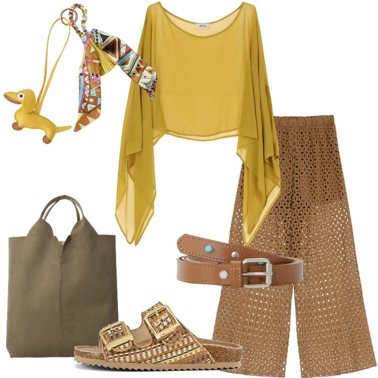 Outfit donna - Summer Outfits. Stile Boho per Tutti i giorni. Abbinamento con camicie, pantaloni a palazzo, shopping bag, cinture, portachiavi, sandali.