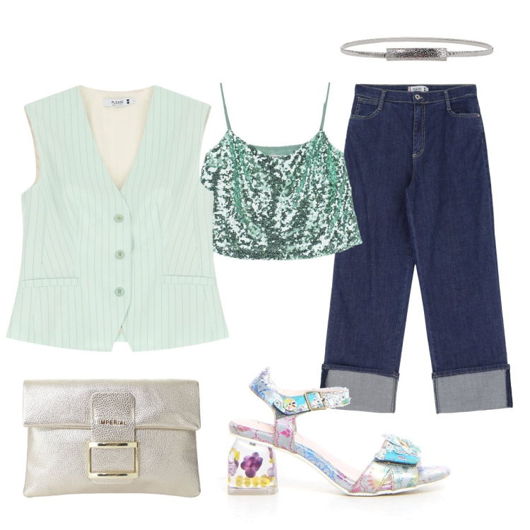Outfit donna - Serata Please. Stile Glamour per Serata fuori. Abbinamento con gilet, jeans, top, pochette, cinture, sandali col tacco.