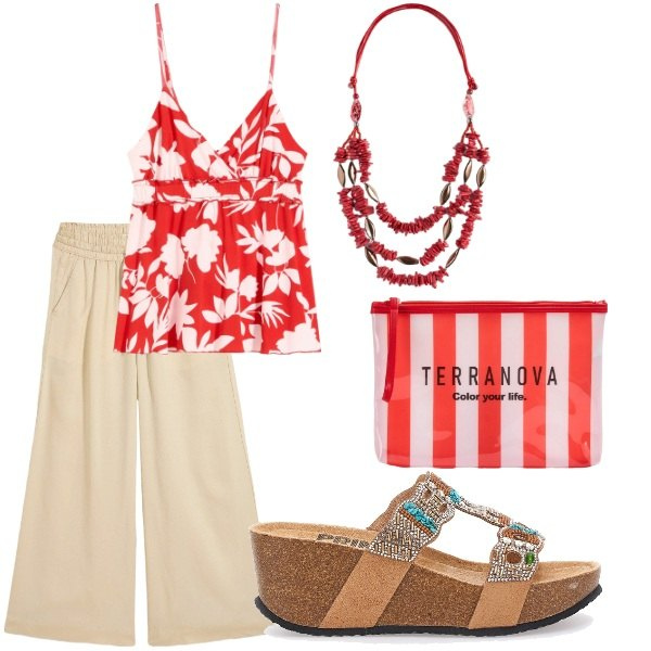 Outfit donna - A spasso per la città. Stile Casual per Tutti i giorni. Abbinamento con top, pantaloni, pochette, zeppe, collane.