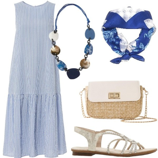 Outfit donna - A spasso per la città. Stile Casual chic per Tutti i giorni. Abbinamento con vestiti midi/longuette, sandali, shopping bag, foulard, collane.