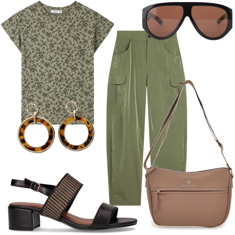 Outfit donna - In centro. Stile Urban per Tutti i giorni. Abbinamento con t-shirt, occhiali da sole, pantaloni cargo, orecchini, borse a tracolla, sandali col tacco.