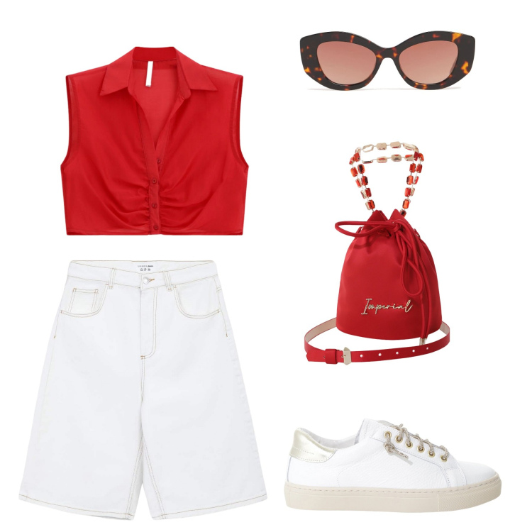 Outfit donna - Red end white. Stile Sporty chic per Tutti i giorni. Abbinamento con bermuda, borse a secchiello, sneakers, top, occhiali da sole.