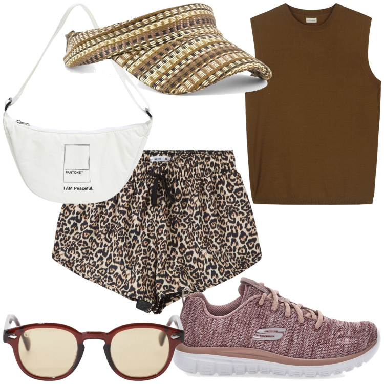 Outfit donna - Il pantaloncino animalier. Stile Trendy per Tutti i giorni. Abbinamento con marsupi, shorts, occhiali da sole, cappelli con visiera, sneakers, maglieria.