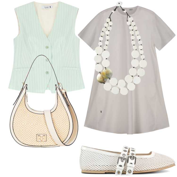 Outfit donna - Gilet. Stile Bon Ton per Ufficio. Abbinamento con borse a mano, gilet, vestiti corti, ballerine, ciondoli.
