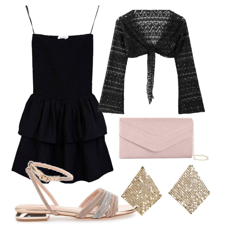 Outfit donna - Comoda eleganza. Stile Casual chic per Serata fuori. Abbinamento con pochette, vestiti corti, bolero, orecchini, sandali.