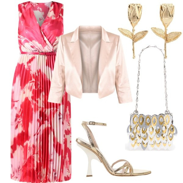 Outfit donna - Matrimonio in vista. Stile Glamour per Cerimonia. Abbinamento con sandali col tacco, vestiti midi/longuette, blazer, borse a spalla, orecchini.