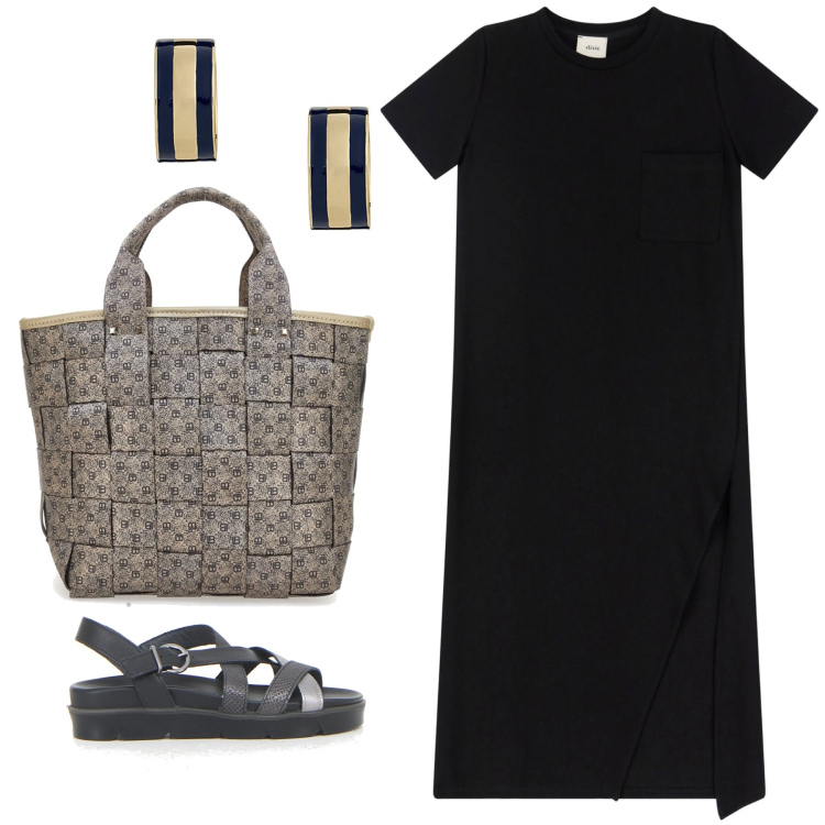 Outfit donna - Minimal. Stile Minimal per Tutti i giorni. Abbinamento con vestiti midi/longuette, orecchini, sandali, borse a mano.