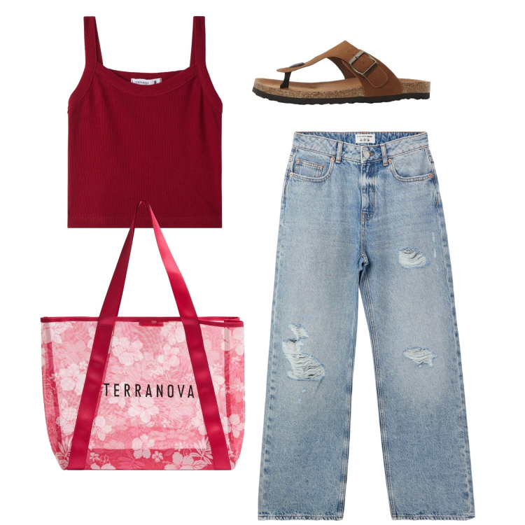 Outfit donna - In giro. Stile Casual per Tutti i giorni. Abbinamento con infradito, shopping bag, jeans strappati, top.