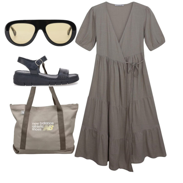 Outfit donna - Fango. Stile Bon Ton per Ufficio. Abbinamento con vestiti lunghi, shopping bag, occhiali da sole, sandali.