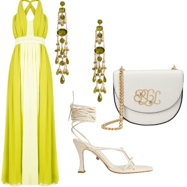 Outfit donna - Matrimonio in vista. Stile Mannish per Cerimonia. Abbinamento con sandali col tacco, vestiti lunghi, orecchini, borse a tracolla.