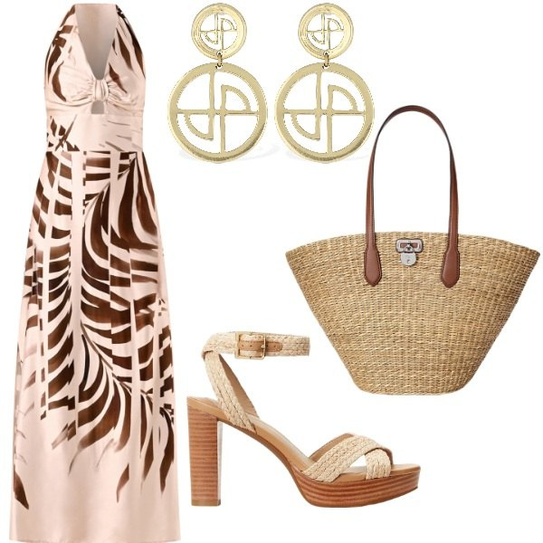 Outfit donna - Una sera d\'estate. Stile Glamour per Serata fuori. Abbinamento con vestiti lunghi, sandali, borse tote, orecchini.