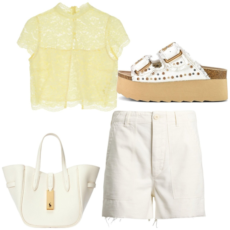 Outfit donna - Il pizzo. Stile Casual chic per Tutti i giorni. Abbinamento con top, bermuda, borse tote, sandali.