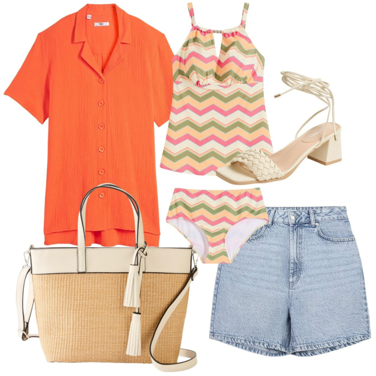 Outfit donna - Summer. Abbinamento con camicie a manica corta, costumi interi, shopping bag, bermuda, sandali alla schiava.