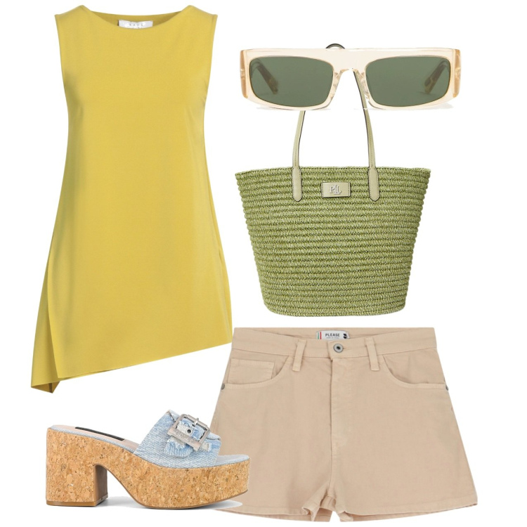 Outfit donna - Zatteroni. Stile Casual chic per Tutti i giorni. Abbinamento con top, shorts, borse tote, sandali, occhiali da sole.