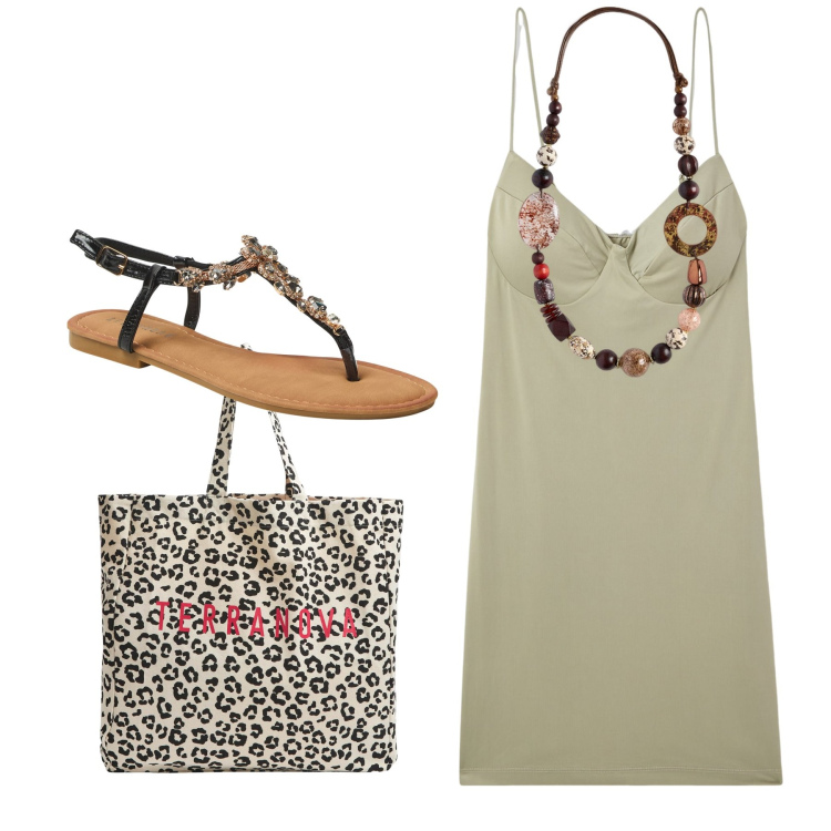 Outfit donna - Pomeriggio. Stile Chic per Tutti i giorni. Abbinamento con vestiti corti, shopping bag, sandali gioiello, collane.